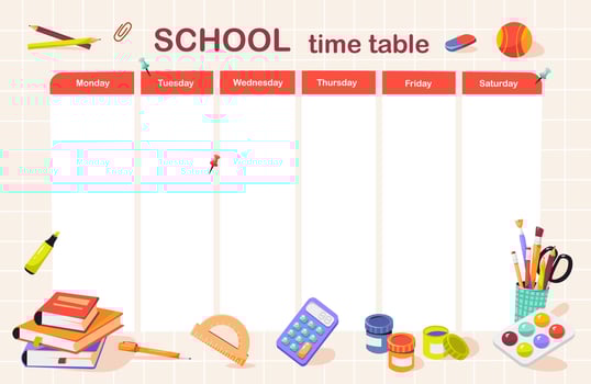 School class time table. School supplies. Stacks of books, pens, pencils for office and school. Back to school. Hand drawing. Flat vector illustration