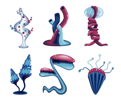 Fantasy alien plants set. Magic unusual nature elements, mushrooms, tentaculars, tubes, bubbles creatures isolated on white. Vector illustration