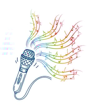 Karaoke music icon in doodle style. Music. Song. Microphone with notes vector cartoon illustration on white isolated background. Audio equipment concept with bright rainbow melody effect