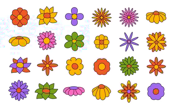 Collection of simple blooming flowers in 1970s psychedelic hippie style. Set of graphic stickers in retro design. groovy background. editable stroke isolated vector illustration