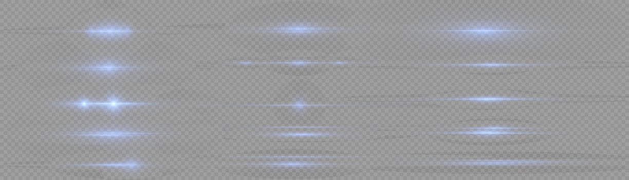 Blue horizontal lens flares pack. Laser beams, horizontal light rays. Beautiful light flares. Flash light with fairy dust sparks and golden stars shine. Dusty shine light. vector