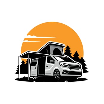 camping car camper van with pop up tent and awning illustration logo vector