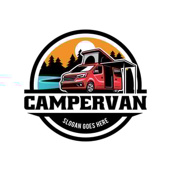 camping car camper van with pop up tent and awning illustration logo vector