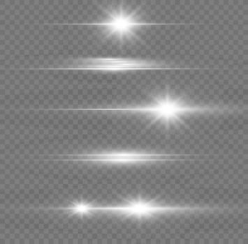 White horizontal lens flares pack. Laser beams, horizontal light rays. Beautiful light flares. Flash light with fairy dust sparks and white stars shine. Dusty shine light. vector