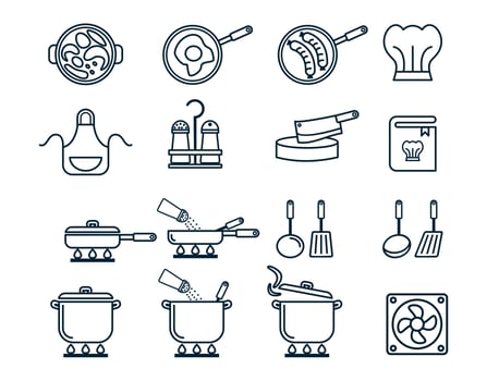 Cooking line icons. Boiling time, Frying pan and Kitchen utensils vector