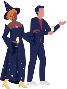 Couple wearing Halloween costumes semi flat color vector characters. Editable figures. Full body people on white. Holiday party simple cartoon style illustration for web graphic design and animation
