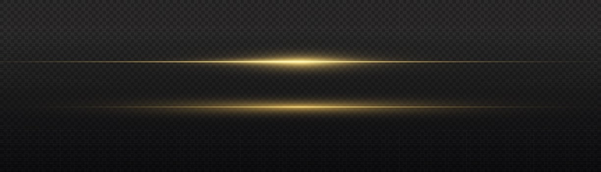 Yellow horizontal lens flares pack. Laser beams, horizontal light rays. Beautiful light flares. Flash light with fairy dust sparks and golden stars shine. Dusty shine light. vector