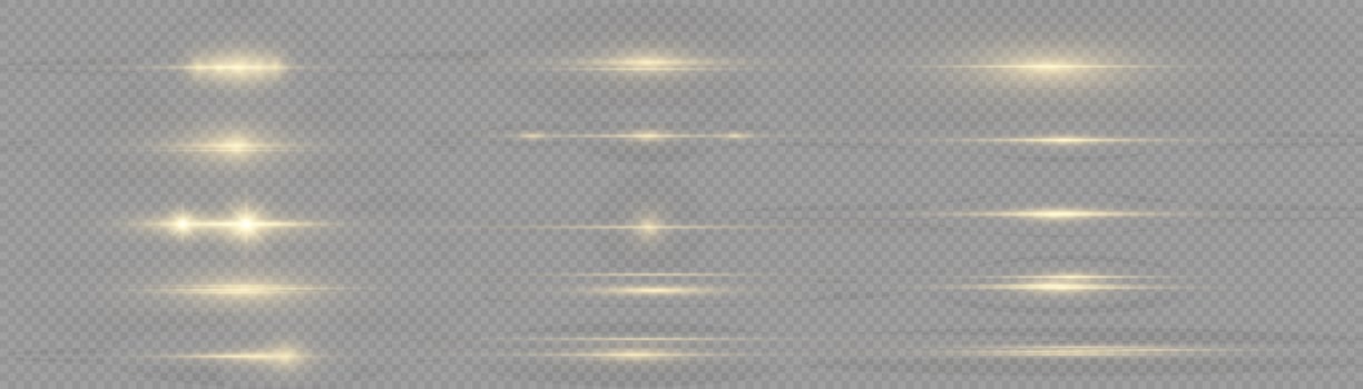 Yellow horizontal lens flares pack. Laser beams, horizontal light rays. Beautiful light flares. Flash light with fairy dust sparks and golden stars shine. Dusty shine light. vector