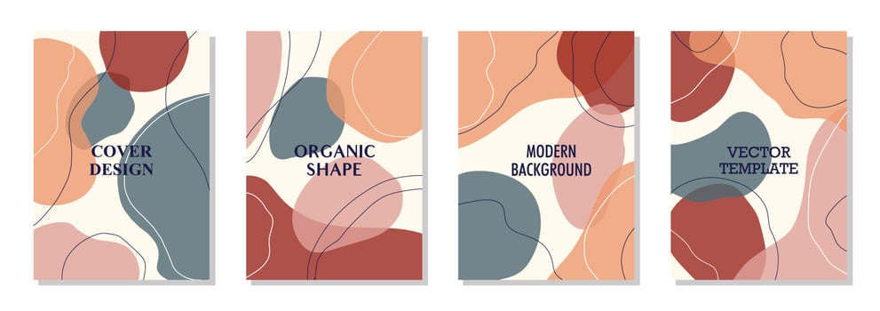 Set of 4 wall art posters, brochure, flyer templates. Organic line abstract shape drawn, hand drawn design, simple wallpaper. Dynamic contemporary line graphic vector vintage design, liquid or fluid.