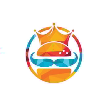 Burger king vector logo design. Burger with crown and mustache icon logo concept.
