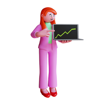 3d render businesswoman pointing on laptop with business growth report on screen png