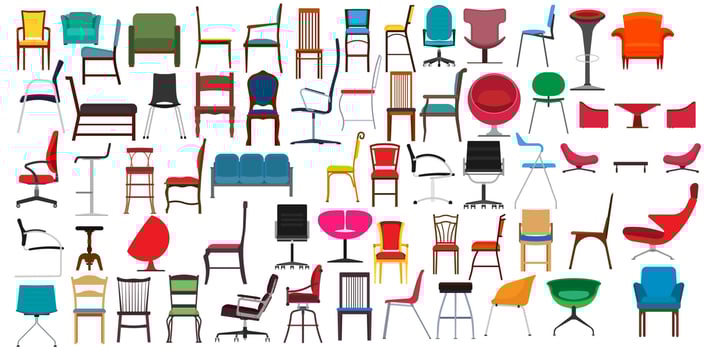 Chair furniture design and armchair seat office interior icon. Home object isolated vector illustration and room symbol style decoration set. Indoor equipment stool and cartoon sitting for apartment