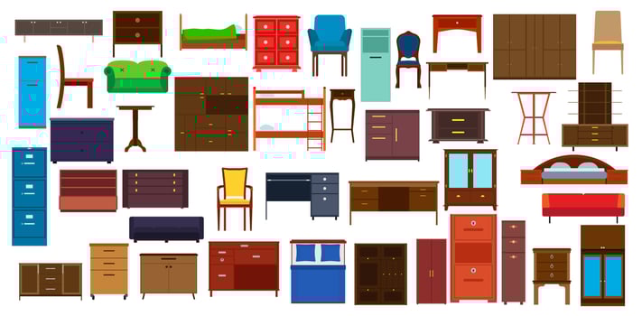 Furniture icon set design for interior and home room symbol collection. Office element vector illustration and cabinet apartment object style. Comfortable luxury sign and chair, table, sofa, wardrobe