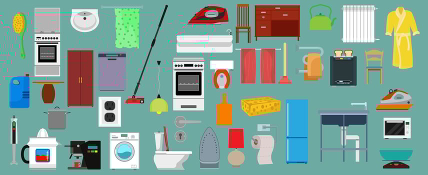 Household sign icon set and house appliance design. Home equipment machine and domestic symbol vector illustration. Apartment housekeeping item isolated and element housework. Object indoor collection