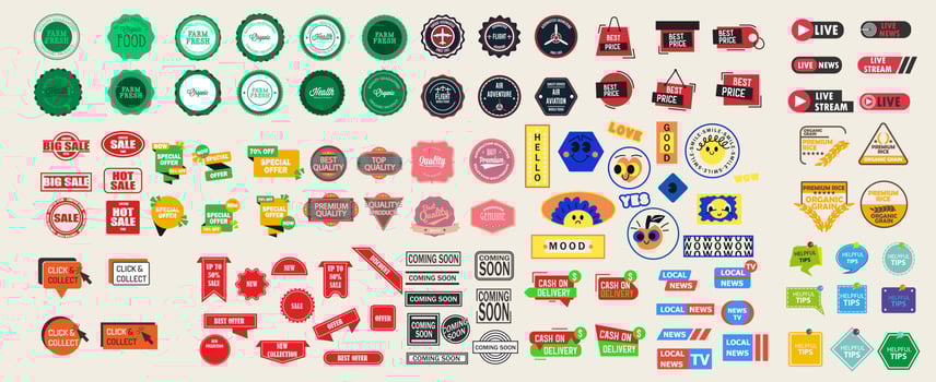 Badge set symbol element design icon and label quality emblem. Sticker premium business banner vector illustration. Guarantee seal stamp and insignia award. Sale frame product collection and commerce