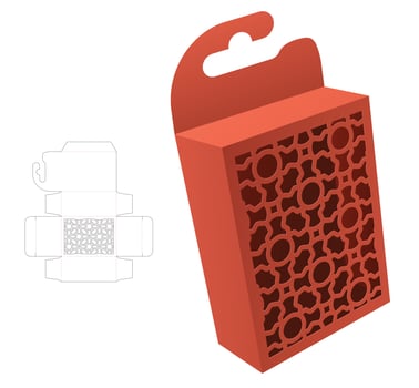 cardboard hanging packaging box with luxury window die cut template and 3D mockup vector