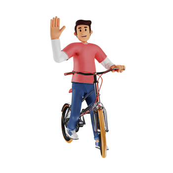 Young man riding a bicycle waving his hand 3d character illustration png
