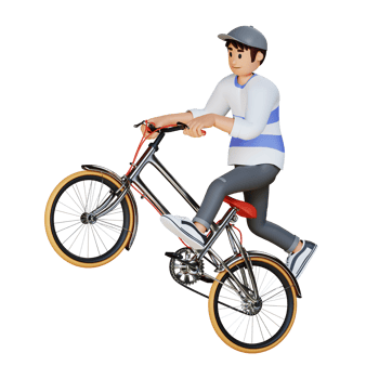 Young man in hat riding a bicycle while freestyle 3d character illustration png