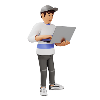 Young man in hat walking with laptop 3d character illustration png