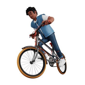 Curly haired young boy riding a bicycle 3d character illustration png