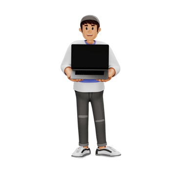 Young man in hat holding laptop 3d character illustration png