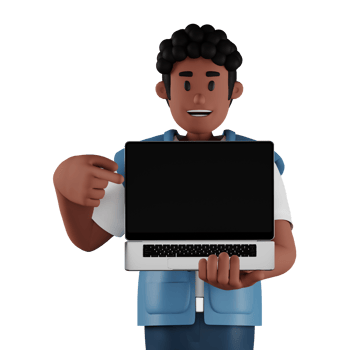 Curly haired young man holding laptop 3d character illustration png
