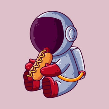 Cute Astronaut Eating Hot Dog Cartoon Vector Illustration. Cartoon Style Icon or Mascot Character Vector.