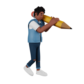 Curly haired young man carrying a giant pencil 3d character illustration png