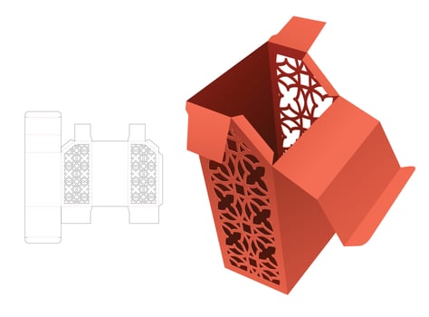 Stenciled luxury chamfered box die cut template and 3D mockup vector
