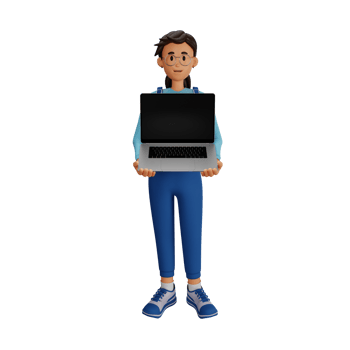 Young woman in glasses holding laptop 3d cartoon character illustration png