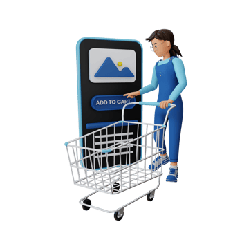 Young woman pushing trolley 3d cartoon character illustration png