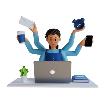 Young girl busy with many hands work 3d character illustration png