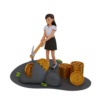 young girl digging coins from rock with pickaxe, 3d character illustration png