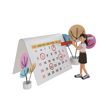young girl circle date on huge calendar, 3d character illustration png