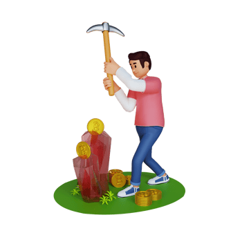 Young man digging coins from rock with pickaxe, 3d character illustration png
