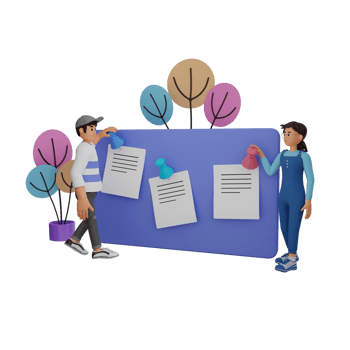 man and woman pinning notepad on a corkboard 3d character illustration png