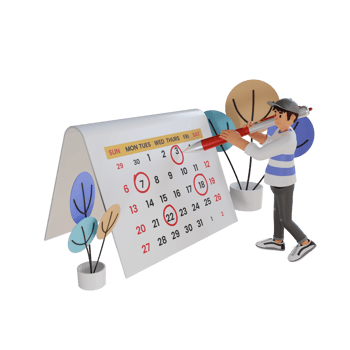 young man circle date on huge calendar, 3d character illustration png