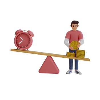 young man weigh coins with time 3d character illustration png