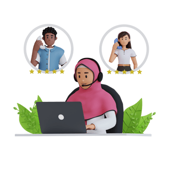 young woman muslim in headset talk with client on laptop, 3d character illustration png