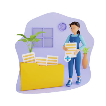 Young woman is saving files in a folder 3d character illustration png