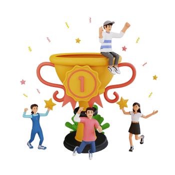 teenagers and happy man sitting in gold trophy cup, 3d character illustration png
