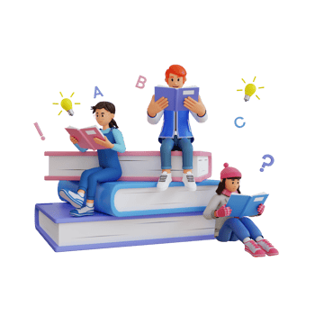 teenager reading a book on a big book pile 3d character illustration png
