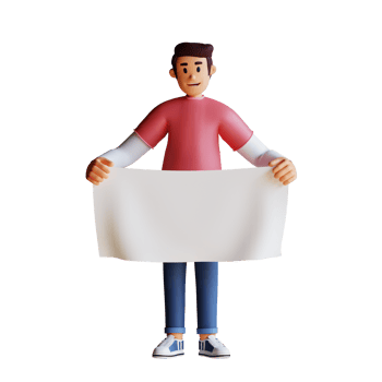 young man holding blank white banner, 3d character illustration png