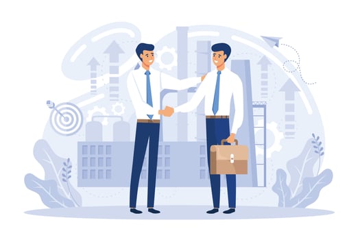 Strategic partnership, handshake gesture concept. Teamwork, brainstorming, joint search for creative strategy. flat vector illustration