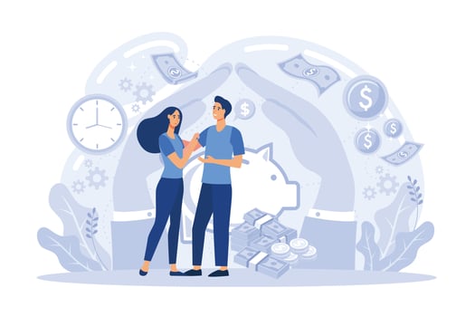 Families with children save money. Piggy bank with family money making concept. vector
