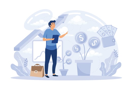 Concept of portfolio income. Financial literacy, investment. Girl invests in stocks and bonds, and they bring money. Briefcase and stacks of gold coins next to woman. flat vector modern illustration