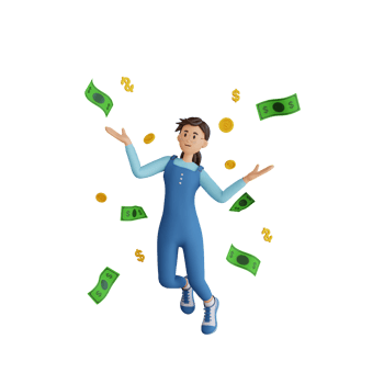 happy rich young girl with falling money and gold coin 3D character illustration png