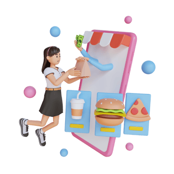 young girl doing online food shopping 3D character illustration png