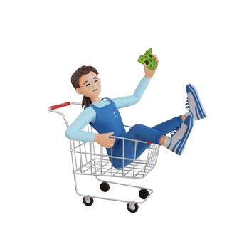 young girl riding on the shopping cart 3D character illustration png