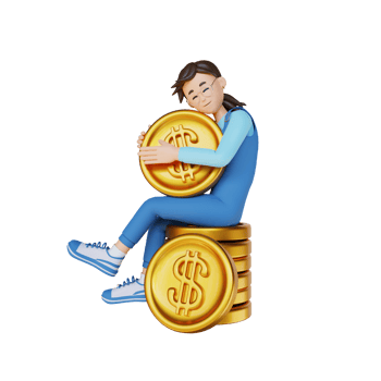young woman holding a gold coin while sitting on the pile of gold coins 3D character illustration png